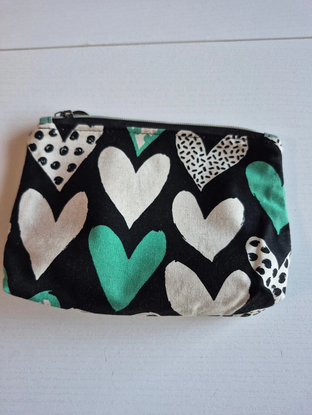 Black & teal heart Canvas Cosmetic Bag w/ black nickel Heart-Shaped Zipper Pull